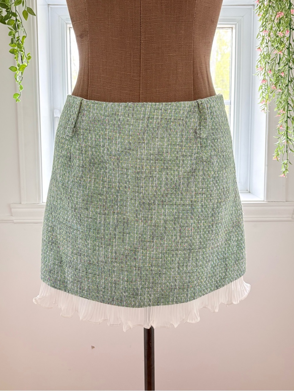 Light Green Tweed Mini Skirt with White Ruffle Trim